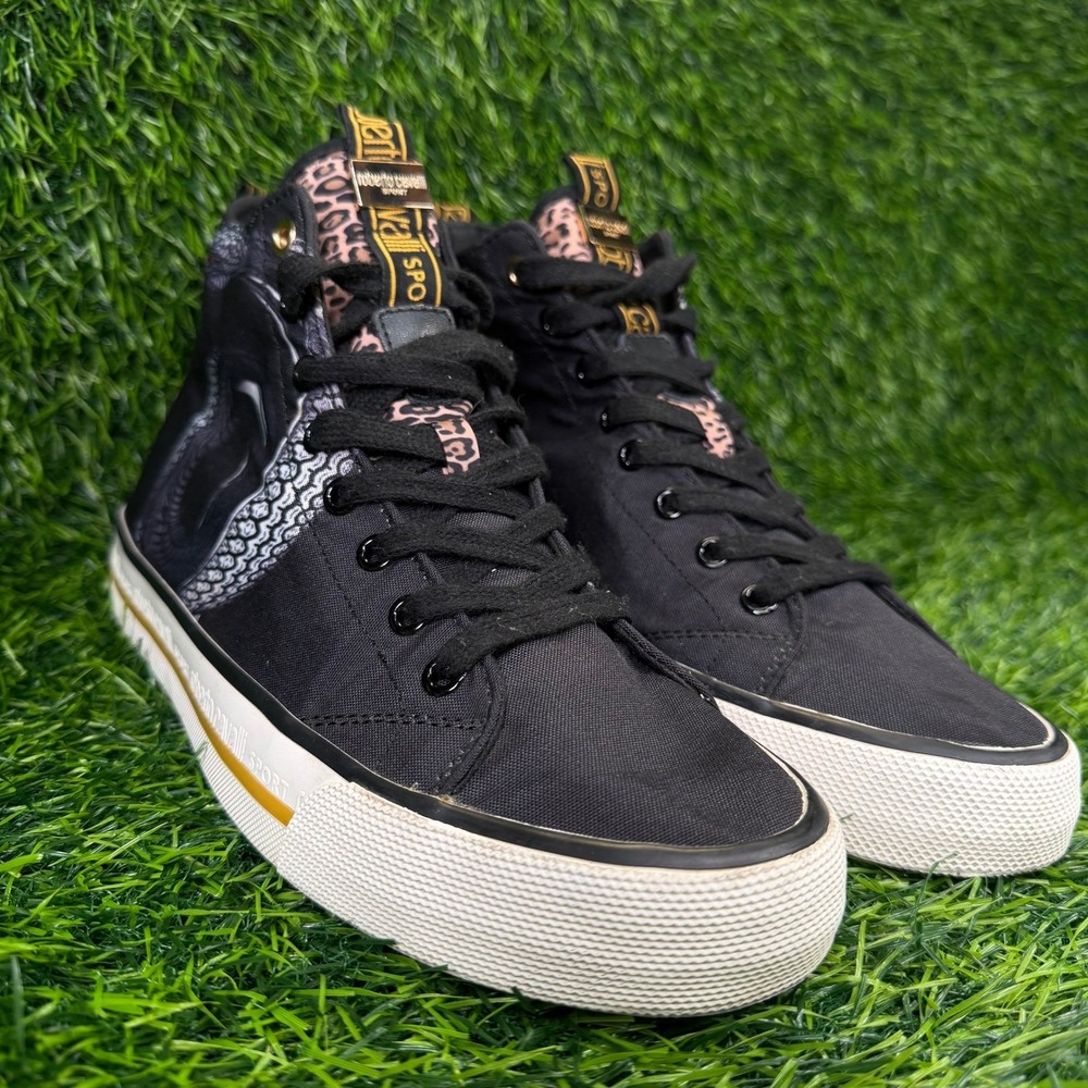 Roberto Cavalli High Top Sneakers Mens 9 Sport Black Leopard Snake Canvas EU 42